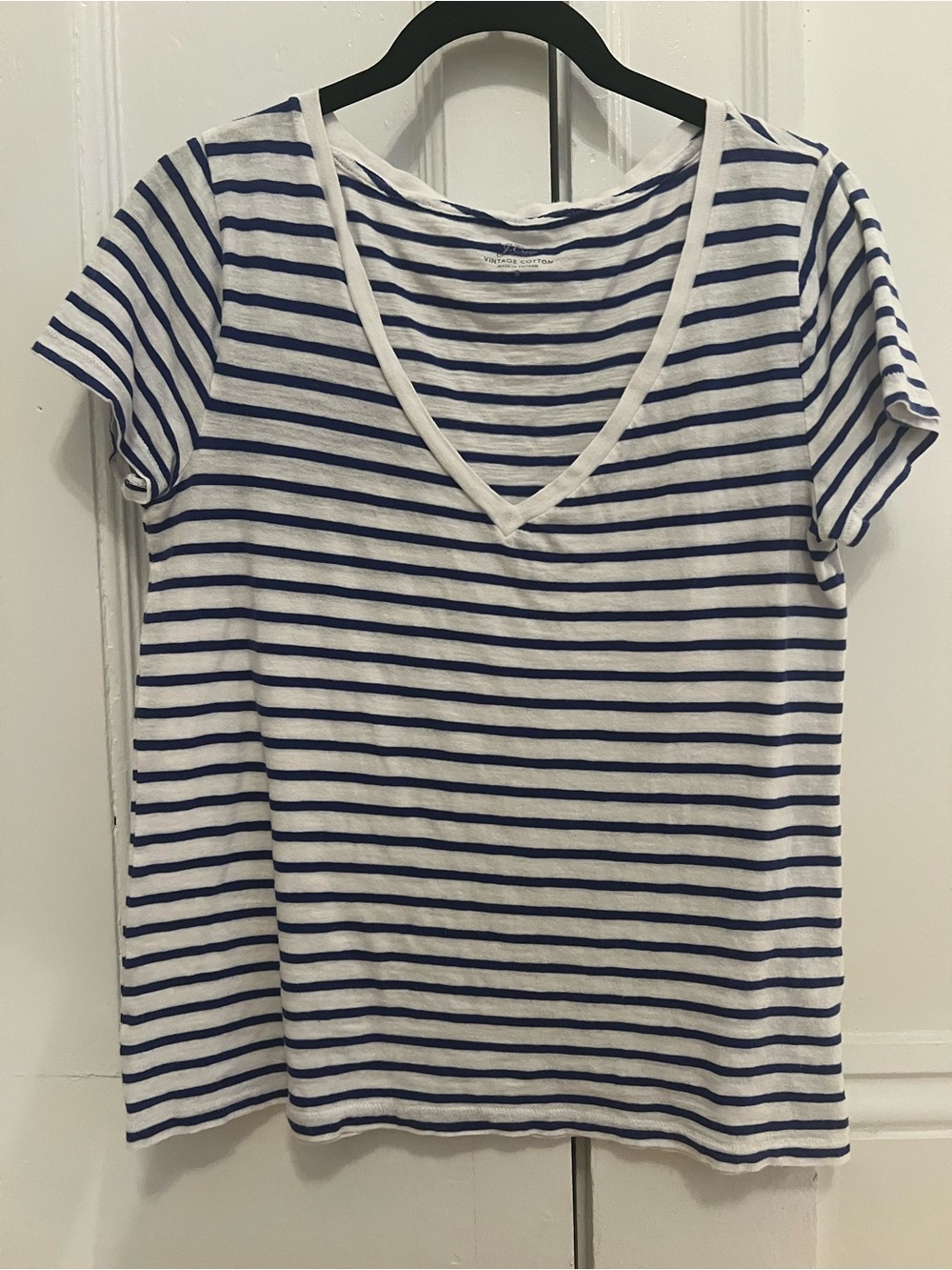 J. Crew White & Navy Striped V-Neck Tee